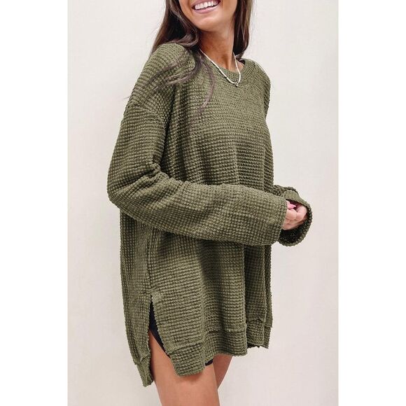 Azura Exchange  Oversized Green Waffle Knit High Slits Top - Picture 1 of 6